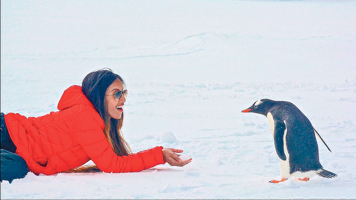 অ্যান্টার্কটিকায় বরফরে রাজ্যে পেঙ্গুইনের সঙ্গে মেলিসা সুমিত্রা রায়। ছবি: সংগৃহীত