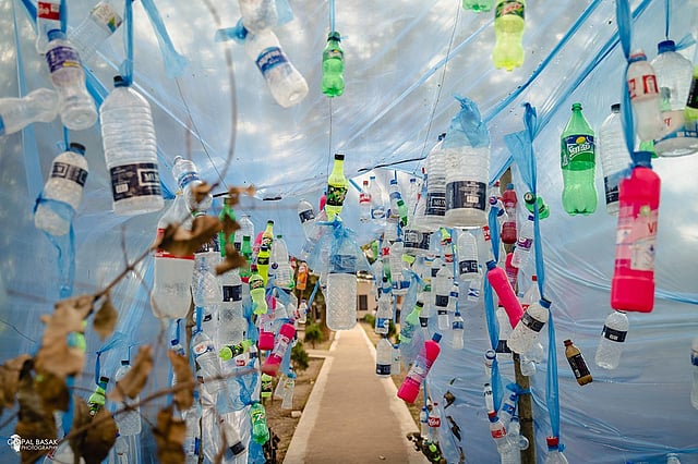 প্লাস্টিকের যাতায়াতের মতো ঘর বানিয়ে ভেতরে প্লাস্টিকের বোতল ঝুলিয়ে আশপাশে শুকিয়ে পড়া পাতা ও ডাল দিয়ে গড়ে তোলা হয় ইনস্টলেশন আর্ট। ছবি: গোপাল বসাক