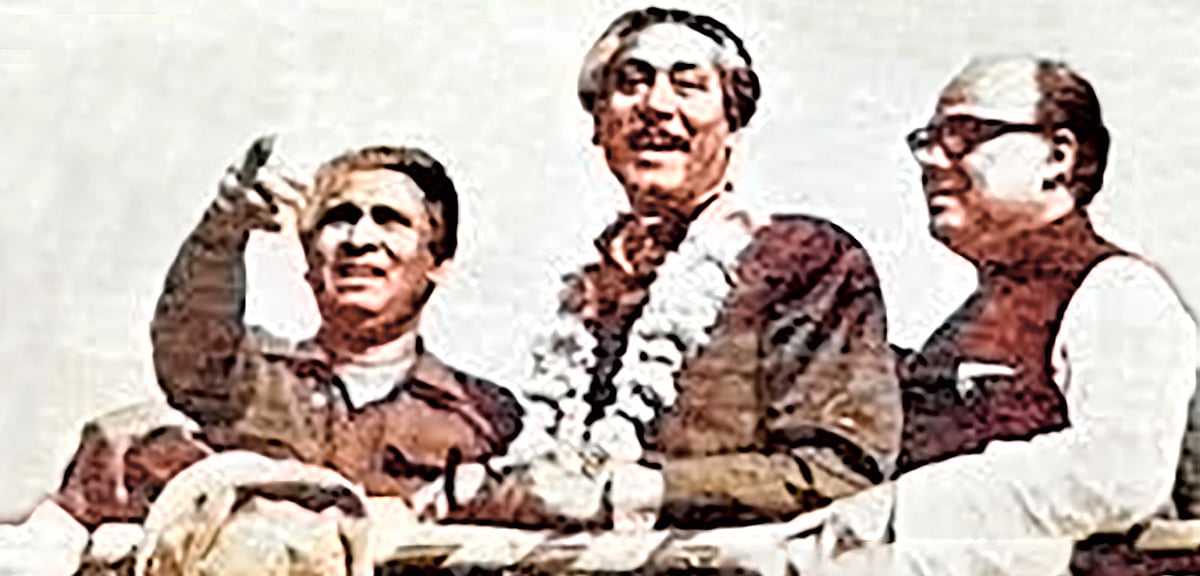 দেশে ফিরে ঘনিষ্ঠ সহচর তাজউদ্দীন আহমদ ও সৈয়দ নজরুল ইসলামের সঙ্গে বঙ্গবন্ধু, ১০ জানুয়ারি ১৯৭২। ছবি: সংগৃহীত