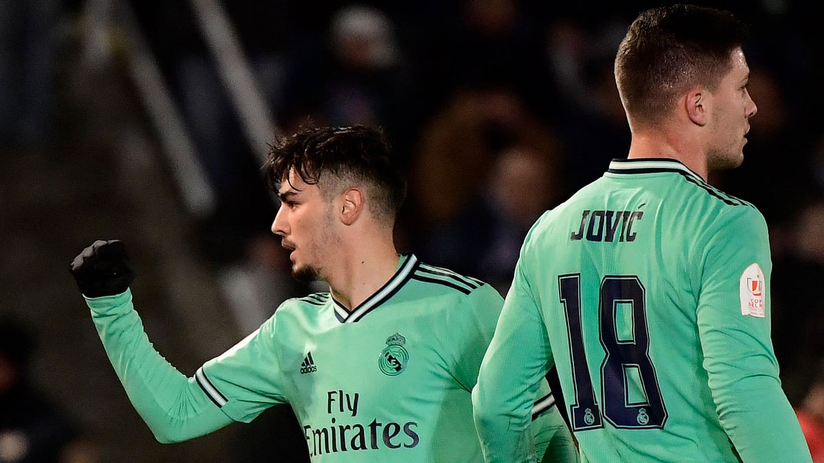 গোলের পর রিয়াল ফরোয়ার্ড ব্রাহিম দিয়াজের উচ্ছ্বাস। কাল স্প্যানিশ কোপা দেল রে-তে ইউনিয়নিস্তার মাঠে। ছবি: এএফপি।