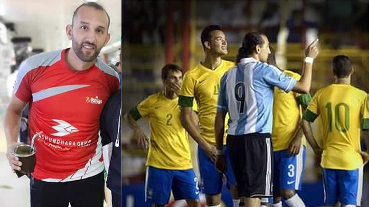 শাহজালাল বিমানবন্দরে হার্নান বার্কোস। পাশের ছবিটা আর্জেন্টিনার জার্সিতে খেলার সময়। ফাইল ছবি