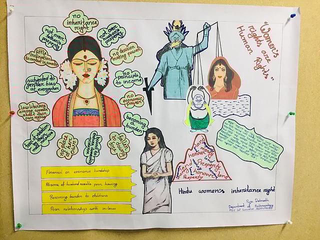 জগন্নাথ বিশ্ববিদ্যালয়ের পোস্টার প্রদর্শনীতে মানবাধিকার, আইন, জেন্ডার ও বৈষম্যর বিষয়গুলো তুলে ধরা হয়। ছবি: লেখক