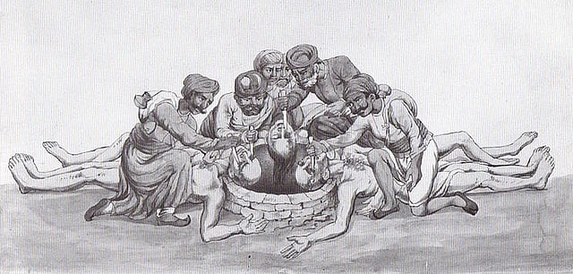 কুয়ায় ফেলে দেওয়ার আগে মৃত ব্যক্তিদের চোখ উপড়ে নিচ্ছে ঠগিরা। উনিশ শতকে অজ্ঞাতপরিচয় শিল্পীর আঁকা ছবি। ছবি: উইকিপিডিয়া