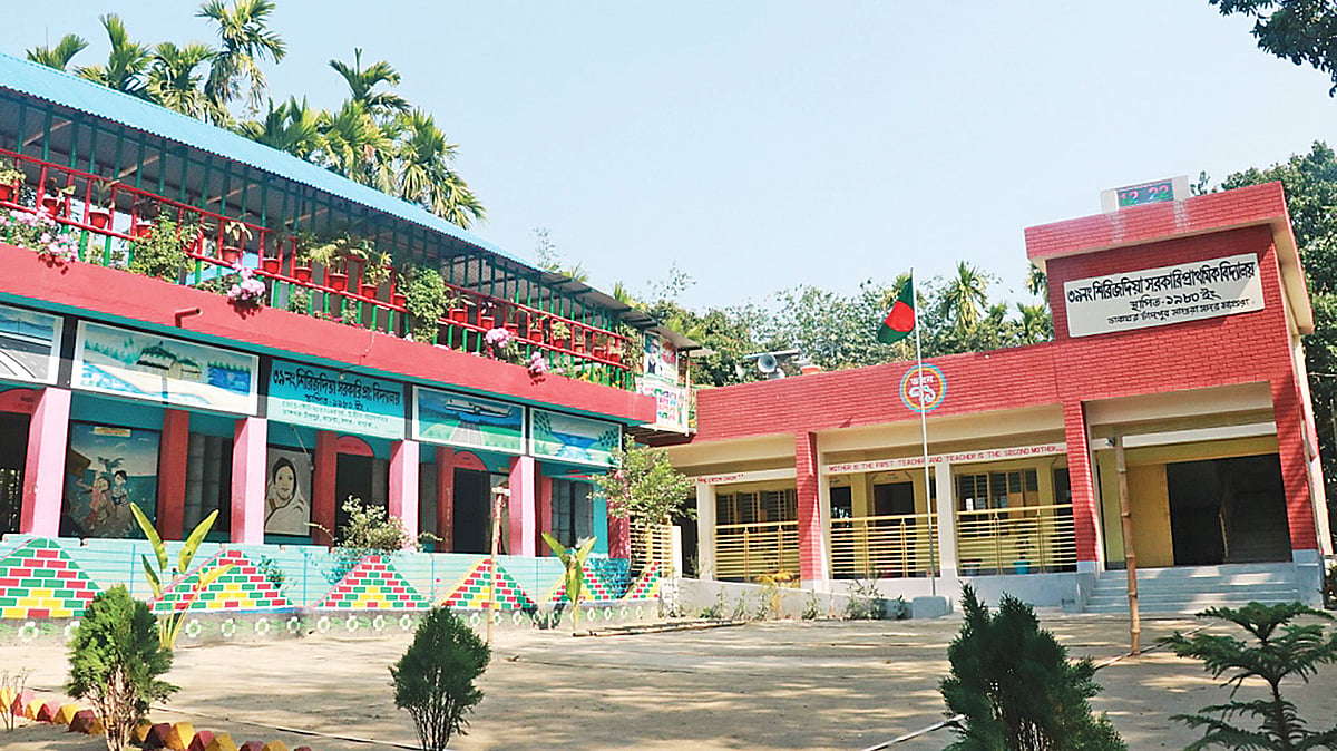 মাগুরার শিরিজদিয়া সরকারি প্রাথমিক বিদ্যালয়ে ছাদের বিভিন্ন ধরনের ফুলের বাগান। এখানে শিশুরা বড় হচ্ছে আনন্দময় পরিবেশে। প্রথম আলো