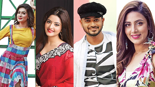 মাহিয়া মাহি, পরীমনি, বাপ্পী চৌধুরী, বিদ্যা সিনহা মিম। ছবি: প্রথম আলো