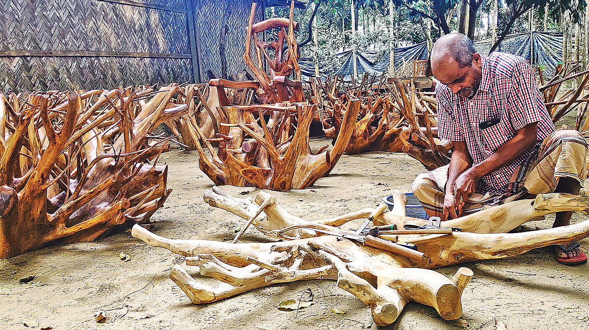 গাছের শিকড় দিয়ে আসবাব বানাচ্ছেন আজিজুর রহমান। সম্প্রতি কক্সবাজারের চকরিয়ায় নিজের বাড়িতে।  ছবি: প্রথম আলো