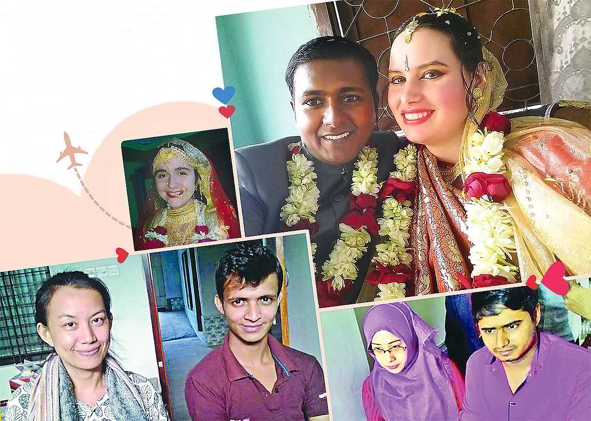 গত কয়েক বছরে প্রেমের টানে অনেক তরুণী ভিনদেশ থেকে এসেছেন বাংলাদেশে, বিয়ে করেছেন। এখন কেউ সংসার করছেন, কেউ ফিরে গেছেন। ছবি: প্রথম আলো ও সংগৃহীত