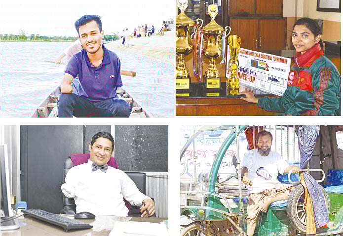 দুর্ঘটনায় একদিন স্বাভাবিক জীবনযাপন হারিয়েছিলেন তাঁরা। শারীরিক প্রতিবন্ধকতা জয় করে আবারও ঘুরে দঁাড়িয়েছেন তাঁরা—(ঘড়ির কাঁটার দিকে) বাহার উদ্দিন, মারজানা আক্তার, মো. ইউনুস ও মিনার উদ্দিন। ছবি: ছুটির দিেন ও সংগৃহীত