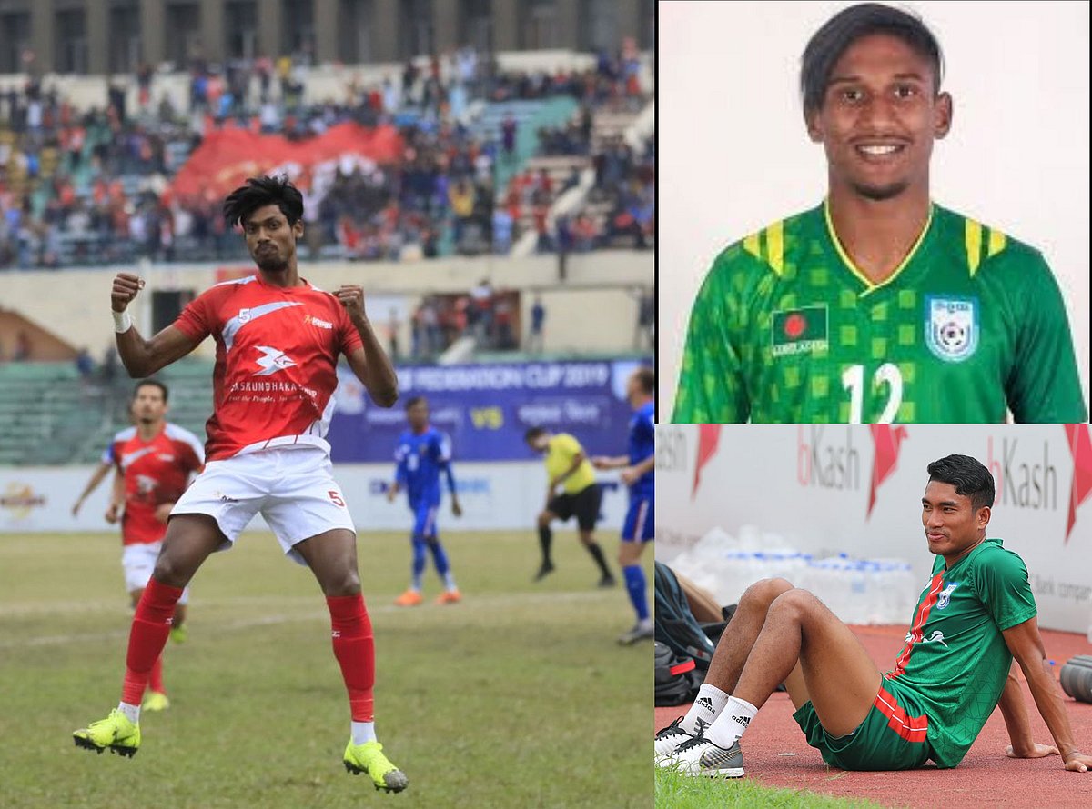 তপু বর্মণ(বাঁয়ে), ইয়াসিন খান, সুশান্ত ত্রিপুরাদের(ডানে নিচে) নিয়ে গড়া রক্ষণের হাল ভালো না এবার। ফাইল ছবি