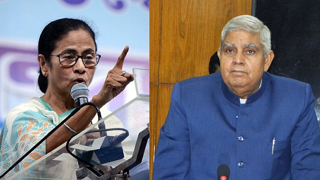 মুখ্যমন্ত্রী মমতা বন্দ্যোপাধ্যায় ও রাজ্যপাল জগদীপ ধনখড়। ছবি: ভাস্কর মুখার্জি