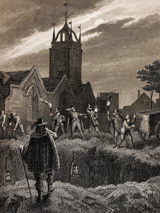 ড্যানিয়েল ডেফোর “আ জার্নাল অব দা প্লেগ ইয়ার”(১৭২২) থেকে গণকবরে মৃতদেহ ফেলার দৃশ্য