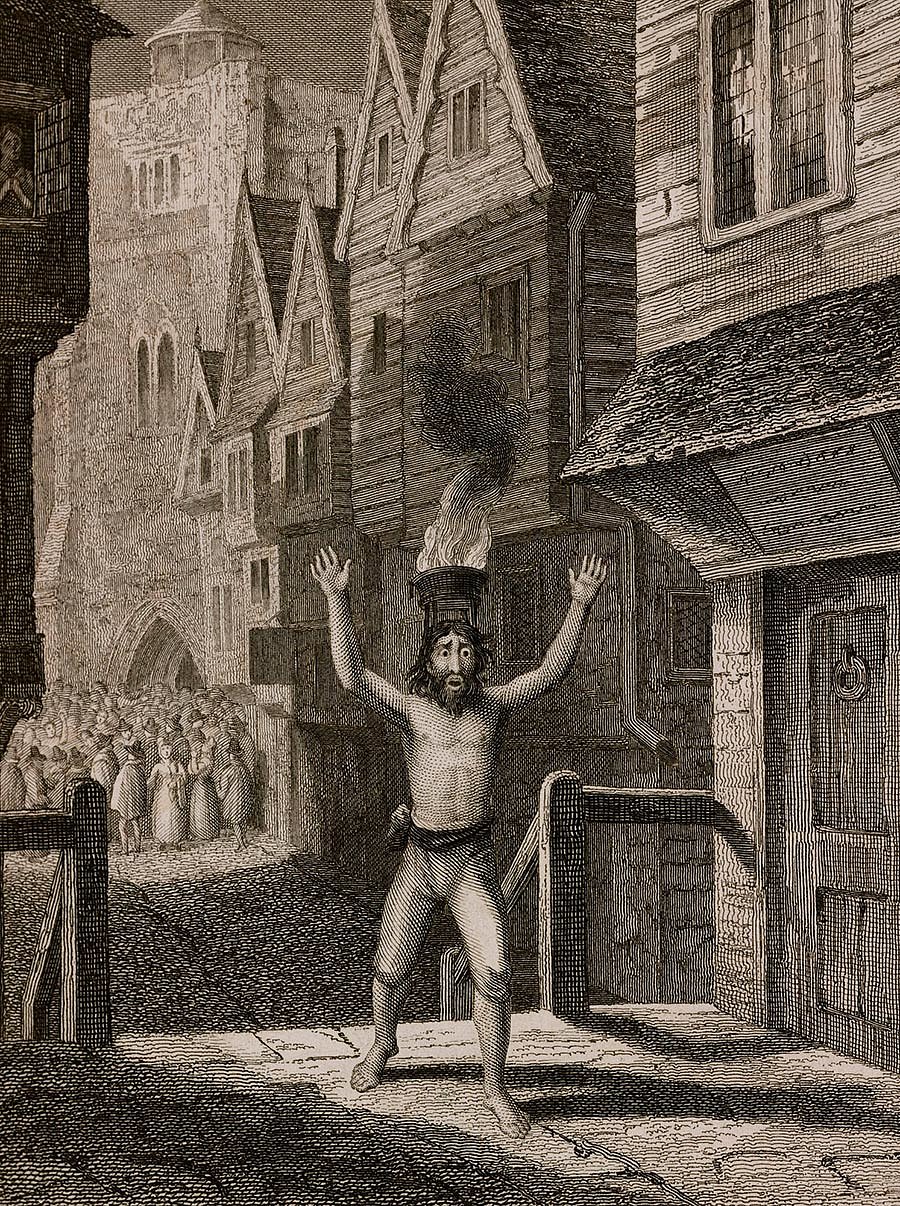 লন্ডনের ১৬৬৫ সালের প্লেগের সময় সলোমন ইগল নাম এক কোয়েকার ঐশ্বরিক ক্রোধের কথা প্রচারে উন্মাদপ্রায়, ড্যানিয়েল ডেফোর “আ জার্নাল অব দা প্লেগ ইয়ার”(১৭২২) থেকে