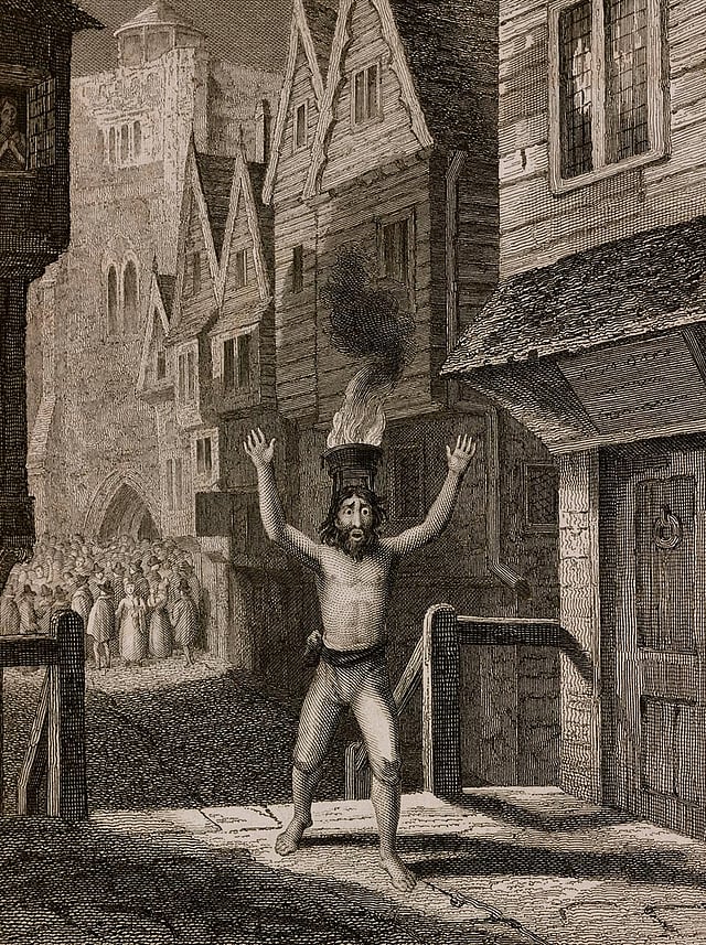 লন্ডনের ১৬৬৫ সালের প্লেগের সময় সলোমন ইগল নাম এক কোয়েকার ঐশ্বরিক ক্রোধের কথা প্রচারে উন্মাদপ্রায়, ড্যানিয়েল ডেফোর “আ জার্নাল অব দা প্লেগ ইয়ার”(১৭২২) থেকে