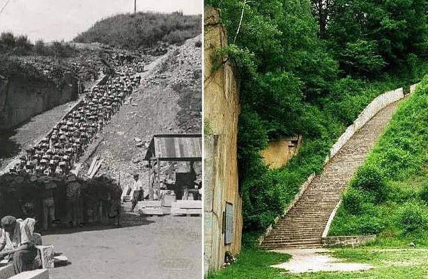 মাউথাউসেন বন্দীশালায় কুখ্যাত `মৃত্যুর সিড়ি`। গ্রানাইটের পাথর বয়ে উঠতে হতো বন্দীদের। বাম পাশের ছবিটি বিশ্বযুদ্ধের সময়ে তোলা। ছবি: টুইটার