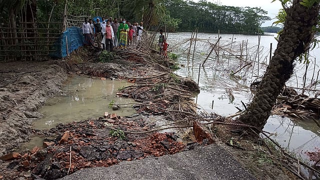 পিরোজপুরের মঠবাড়িয়া উপজেলার টিকিকাটা মাদ্রাসা–সংলগ্ন সড়ক জোয়ারের পানিতে ক্ষতিগ্রস্ত হয়। আজ বৃহস্পতিবার সকালে সড়কটি পরিদর্শন করেন ইউএনও ঊর্মি ভৌমিক। ছবি: প্রথম আলো