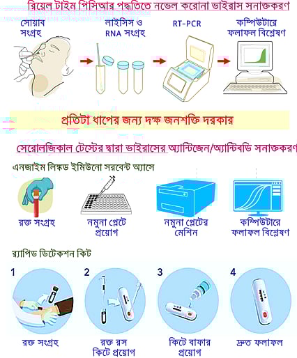 করোনাভাইরাসের সংক্রমণ সনাক্তকরনের বিভিন্ন পদ্ধতি। ছবি: লেখক