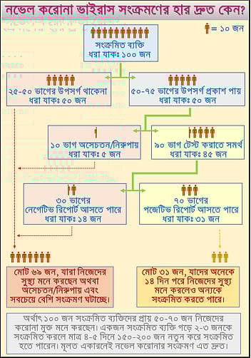 করোনা ভাইরাসের দ্রুত সংক্রমণের সম্ভাব্য বর্ণনাচিত্র। চিত্র কিছুটা অনুমান ভিত্তিক, প্রকৃত তথ্য এই মুহুর্তে জানা সম্ভব নয়। ছবি: লেখক
