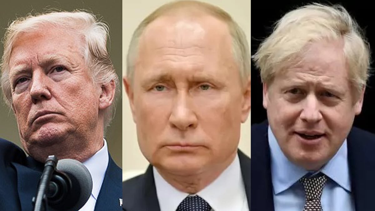 মার্কিন প্রেসিডেন্ট ডোনাল্ড ট্রাম্প, রাশিয়ার প্রেসিডেন্ট ভ্লাদিমির পুতিন ও ব্রিটিশ প্রধানমন্ত্রী বরিস জনসন। ছবি: এএফপি ও রয়টার্স