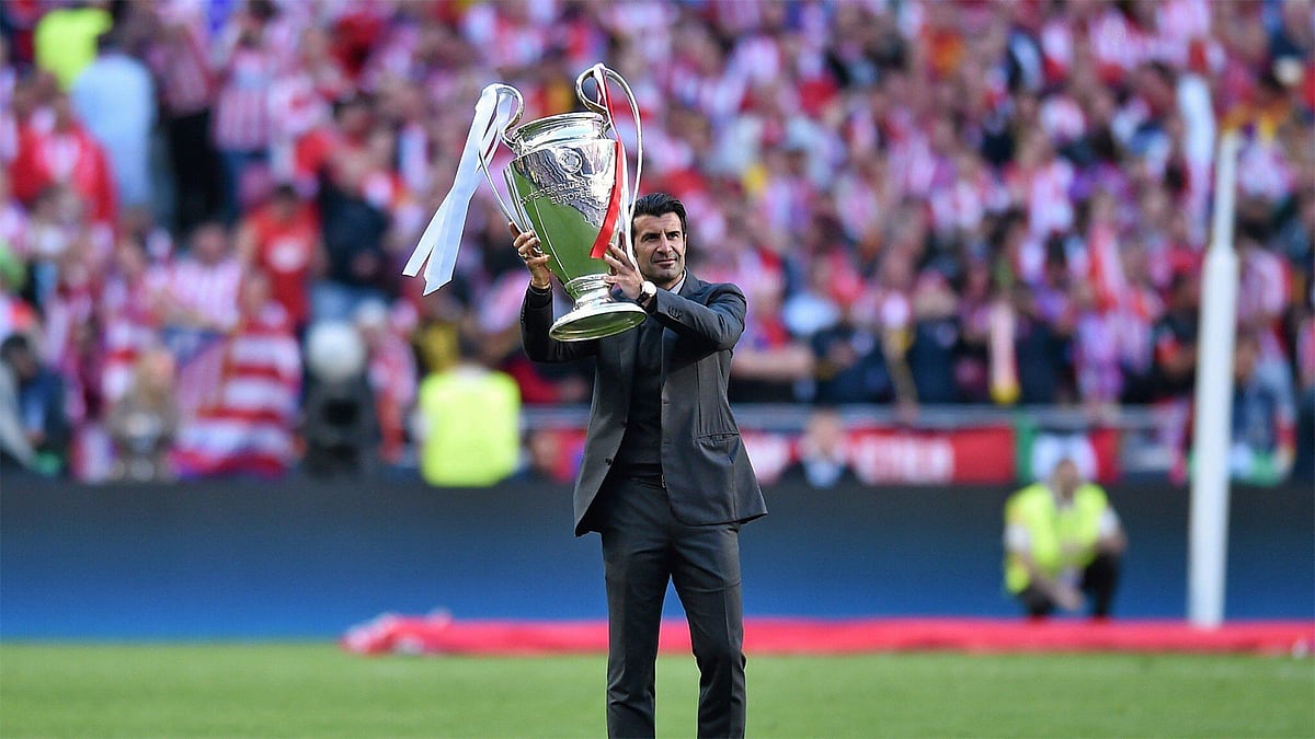 রিয়াল মাদ্রিদের হয়ে আরাধ্যের চ্যাম্পিয়নস লিগ জয় করেছিলেন ফিগো। ছবি: টুইটার