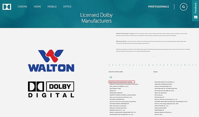 ডলবির অফিশিয়াল ওয়েবসাইটে ‘লাইসেন্সড ডলবি ম্যানুফ্যাকচারার’ হিসেবে ওয়ালটন হাই-টেক ইন্ডাস্ট্রিজ লিমিটেডের নাম। ডলবি ও ওয়ালটনের লোগো। ছবি: বিজ্ঞপ্তি