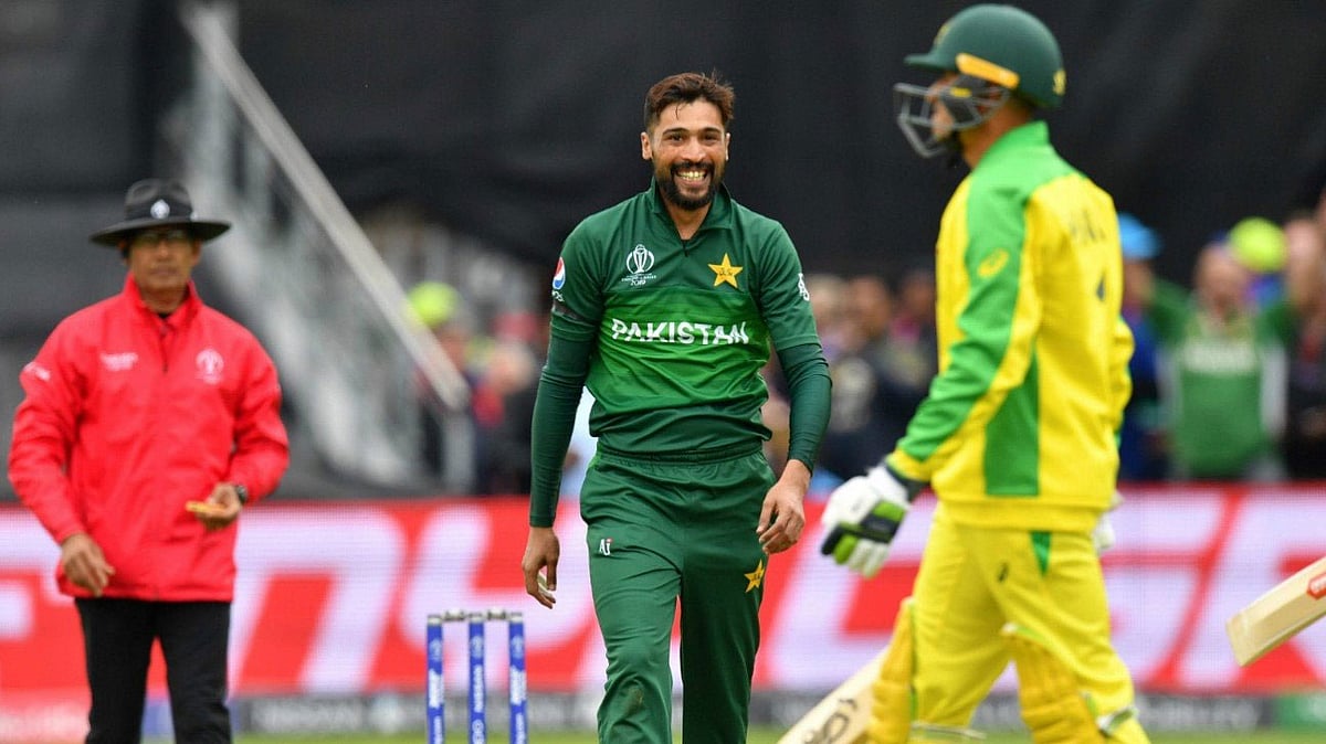 ২০১৯ বিশ্বকাপে অস্ট্রেলিয়ার বিপক্ষে উইকেট পাওয়ার পর আমিরের উচ্ছ্বাস। ছবি: এএফপি
