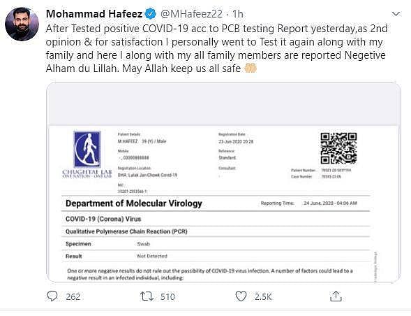 ব্যক্তিগত উদ্যোগে করানো মোহাম্মদ হাফিজের করোনাপরীক্ষার ফল। ছবি: টুইটার