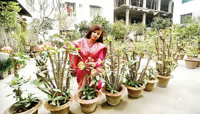 ছাদে বাগান করলে নিতে হবে বাড়তি যত্ন। মডেল: জারা। ছবি: খালেদ সরকার
