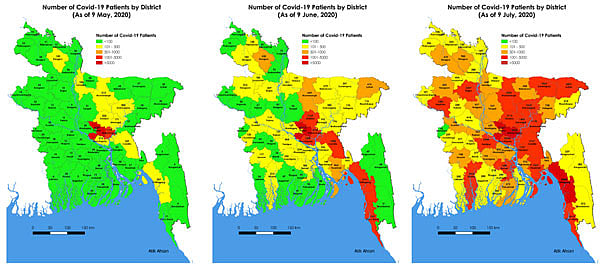 যথাক্রমে মে, জুন ও জুলাই মাসে করোনার বিস্তৃতির চিত্র।
