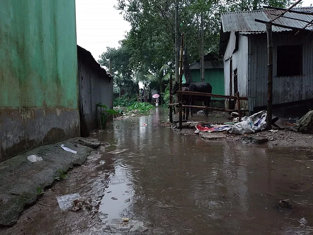ভাগলপুর গ্রামের বৃষ্টি হলে রাস্তাঘাট পানিতে তলিয়ে যায়। ছবিটি ১১ জুলাই তোলা।