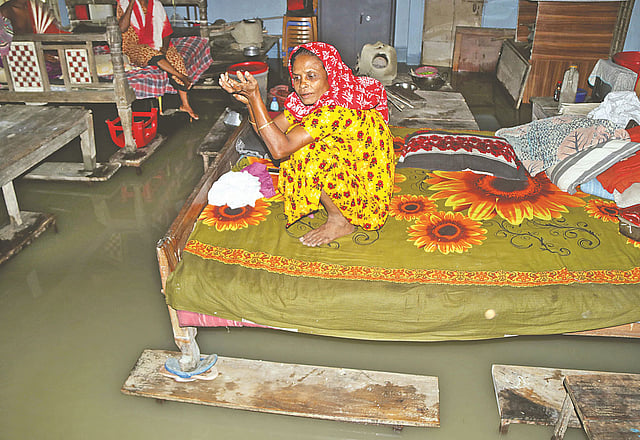 যমুনা নদীর পানি বগুড়ার সারিয়াকান্দির রৌহদহ অংশে বিপৎসীমার ওপর দিয়ে প্রবাহিত হচ্ছে। প্রায় ২৫ দিন ধরে পরিবারের সদস্যদের নিয়ে রৌহদহ সরকারি প্রাথমিক বিদ্যালয়ে আশ্রয় নিয়েছেন হাসনা বেগম। গতকাল দুপুরে।  ছবি: সোয়েল রানা