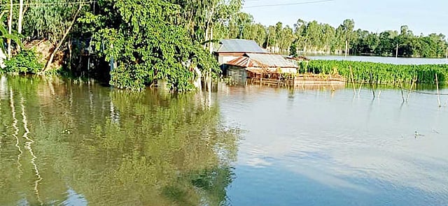 বন্যার পানিতে ডুবে আছে বসতঘর। ফুলছড়ির কঞ্চিপাড়া ইউনিয়নের বালাসি গ্রামে। ছবি: প্রথম আলো