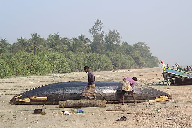 সাগরপারের মানুষগুলো প্রধানত মাছ ধরে জীবিকা নির্বাহ করে। তাদের আয়ের প্রধান উৎস্য হলো মাছ। মাছ ধরার জন্য দুজন জেলে আলকাতরা দিয়ে নৌকা প্রস্তুত করছেন। সেন্ট মার্টিন দ্বীপ, ২২ জুলাই। ছবি: আসিফ আহমেদ