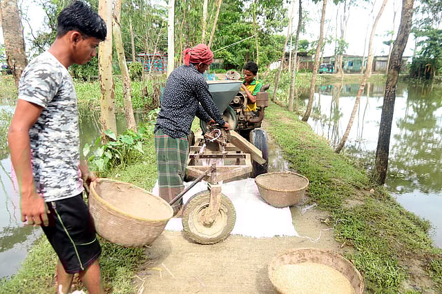 এবার বেরো ধানের ফলন ভালোই হয়েছে সিলেটের গোয়াইনঘাটের জলমহালগুলোতে। ধান ঘরে তোলার পর কৃষকঘরের সঞ্চয় বলতে এই গোলাভরা ধান। করোনার কর্মহীন সময়ে গোলায় হাত পড়েছে। ধান শুকিয়ে বিক্রির জন্য বাড়ির সামনে ভ্রাম্যমাণ কলে ভাঙাচ্ছেন। সম্প্রতি সিলেটের গোয়াইনঘাটের তোয়াকুলে। ছবি: আনিস মাহমুদ