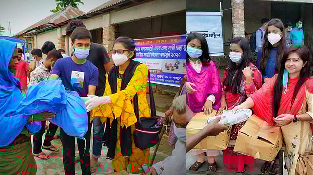 করোনার প্রাদুর্ভাবে স্থবির হয়ে পড়েছে বিশ্ব। আবার বন্যায় দেশের উত্তর ও মধ্যাঞ্চলের কয়েকটি জেলার কয়েক লাখ মানুষ কাজ হারিয়ে ও তাদের বাড়িঘর তলিয়ে গিয়ে মানবেতর জীবন যাপন করছে। বগুড়ার চার উপজেলার লাখো মানুষ পানিবন্দী অবস্থায় দুর্বিষহ সময় পার করছে। বন্যার্ত মানুষের পাশে দাঁড়িয়েছে বগুড়ার সোনাতলা উপজেলার জাতীয় শিশু-কিশোর সংগঠন খেলাঘর, ২০১৯ শিক্ষাবর্ষের এসএসসি ব্যাচের সেবাধর্মী সংগঠন ‘লুব্ধক নাইনটিন’, ২০২১ শিক্ষাবর্ষের এসএসসি ব্যাচ ‘শতদ্রু’২১’  এবং ক্রিকপ্লাটুনের শিক্ষার্থীরা। ক্ষতিগ্রস্ত অসহায় ১৫০ পরিবারের মধ্যে শুকনা খাবার, ওষুধ এবং নারী সুরক্ষাসামগ্রী বিতরণ করা। ছবি: মো. শাহনেওয়াজ শিহাব