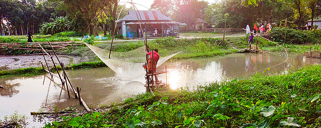 বর্ষায় খালগুলো পানিতে পূর্ণ থাকে, তখন চারদিকে হরেক পদ্ধতিতে মাছ ধরার ধুম পড়ে যায়। তেমনি এই ব্যক্তি মাছ ধরায় মগ্ন। ৩১ জুলাই। ছবি: পারভেজ আহমেদ ঈমন