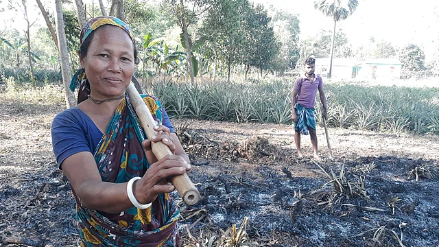 জীবিকার তাগিদে কোদাল হাতে কাজে নেমেছেন আনন্দী। ছবি: লেখক