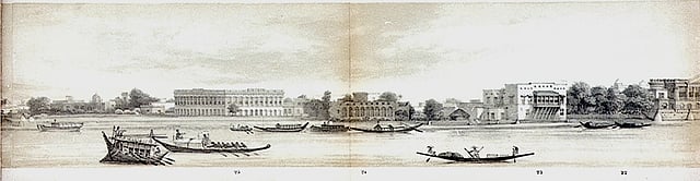 পাট পরিবহনের জন্য নদীপথ ছিল গুরুত্বপূর্ণ। ঢাকার প্যানোরমায় নদীপথ, ১৮৭৮। ছবি: ন্যাশনাল মেরিটাইম মিউজিয়াম, গ্রিনউইচ, লন্ডন