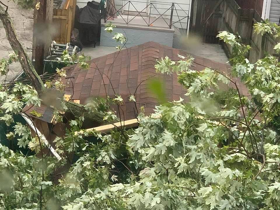 ঝড়ে নিউইয়র্কের উডহ্যাভেন এলাকার একটি বাড়িতে গাছ উপড়ে পড়েছে। ছবি: রহমান মাহবুব