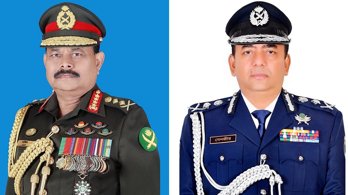 সেনাপ্রধান জেনারেল আজিজ আহমেদ (বাঁয়ে) ও পুলিশের মহাপরিদর্শক বেনজীর আহমেদ