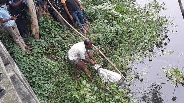 খাল থেকে তোলা হচ্ছে বস্তা