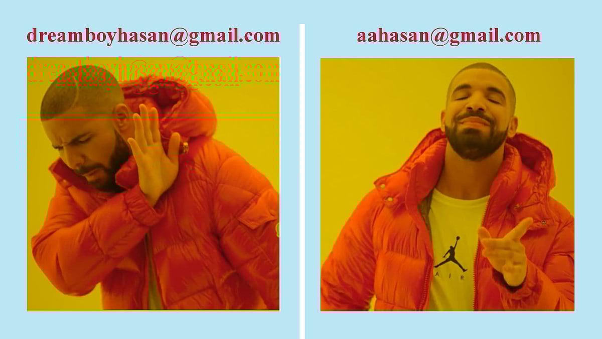 আপনার নাম যদি হয় আজওয়াদ আল হাসান, তাহলে ই–মেইল ঠিকানায় নামের সংক্ষিপ্ত অংশ হিসেবে aahasan@gmail.com ব্যবহার করতে পারেন