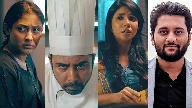 'পুনর্জন্ম' নাটকের অভিনয়শিল্পী (বাম থেকে) মেহজাবীন, আফরান নিশো, নওশাবা ও পরিচালক ভিকি জাহেদ