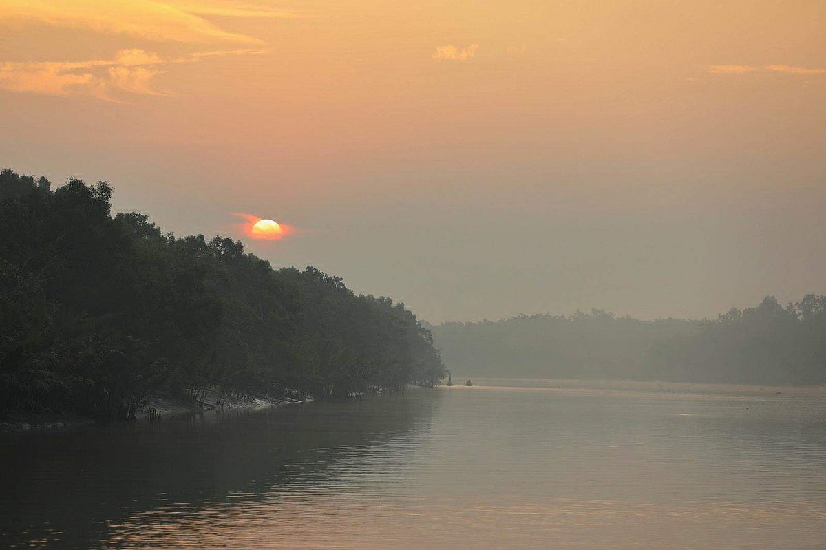 মেঘ ও কুয়াশা ভেদ করে পুবাকাশে আলো ছড়াচ্ছে সূর্য