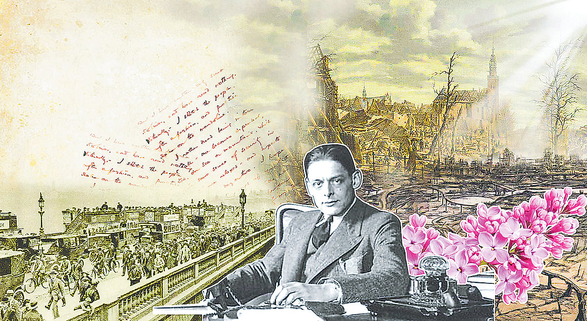 কবি টি এস এলিয়ট, তাঁর বিখ্যাত কবিতা  ‘ওয়েস্টল্যান্ড’–এর পাণ্ডুলিপি এবং সেই সময়ের প্রেক্ষাপট অবলম্বনে কোলাজ করেছেন আপন জোয়ার্দার