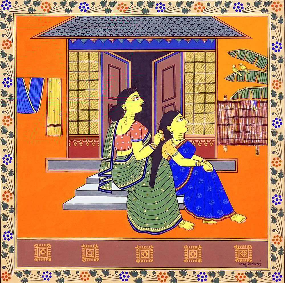 শিল্পী শম্ভু আচার্য্যের পটচিত্র ‘কেশবিন্যাস’