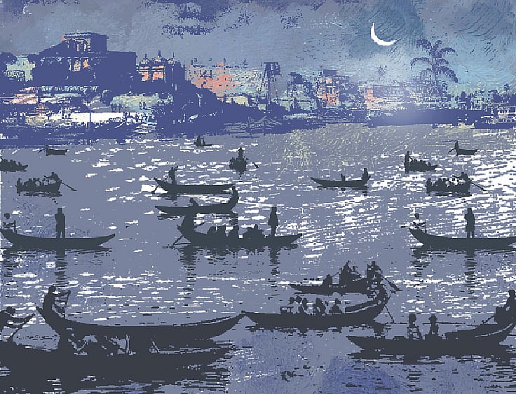 বুড়িগঙ্গার বুকে নৌকায় ভেসে চাঁদ দেখা। শিল্পীর চোখে। 