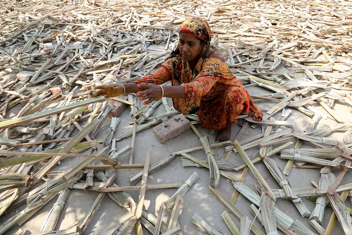 বাড়ির উঠানে তালপাতা শুকাতে দিচ্ছেন ইমেনা বেগম। গত ১১ এপ্রিল বগুড়ার কাহালু উপজেলার যোগীরভবন গ্রাম থেকে তোলা