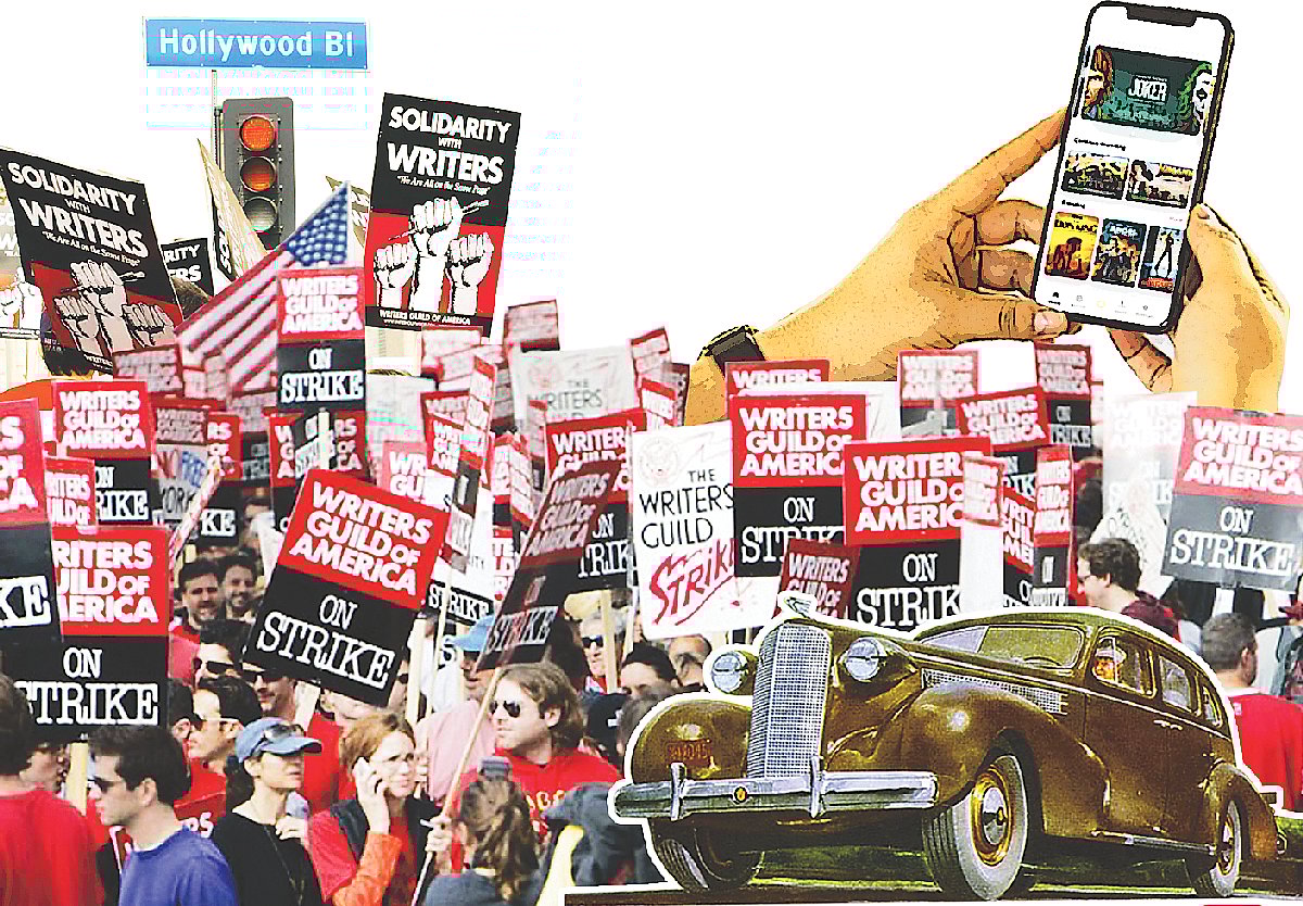 সাম্প্রতিককালে আমেরিকায় চিত্রনাট্যকারদের বিক্ষোভের ছবির সঙ্গে মোটরগাড়ি ও ওটিটি ছবি মিলিয়ে কোলাজ