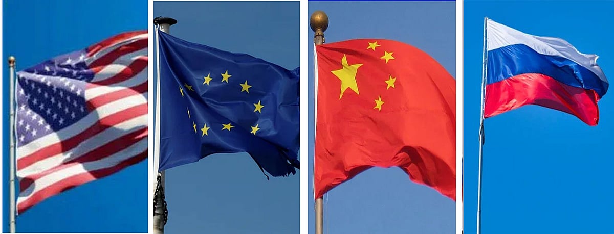 যুক্তরাষ্ট্র, ইউরোপীয় ইউনিয়ন, চীন ও রাশিয়ার পতাকা