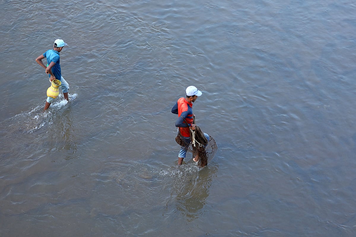 স্বচ্ছ পানিতে নেমে জাল ফেলার অপেক্ষায় একজন।